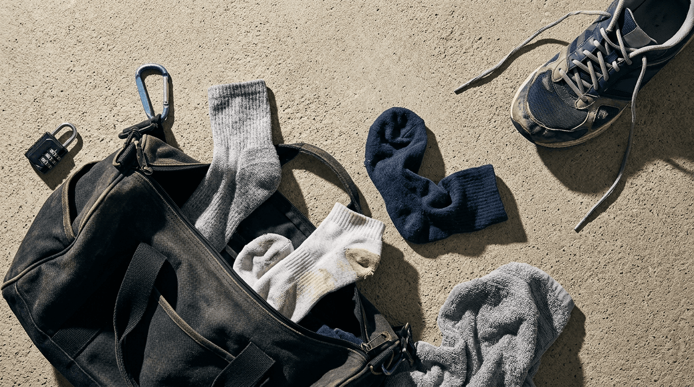 Messy gym bag — mismatched socks pulled from whatever was dry