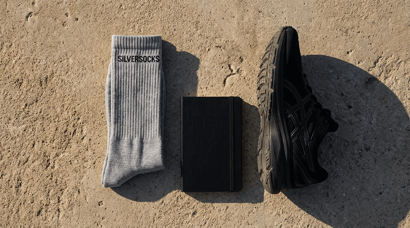 Flat lay — ordered crew socks with boots nearby