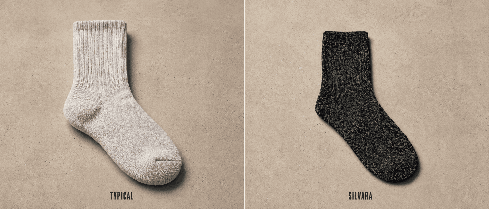 Typical thick crew sock beside SILVARA thin crew sock — same surface and lighting
