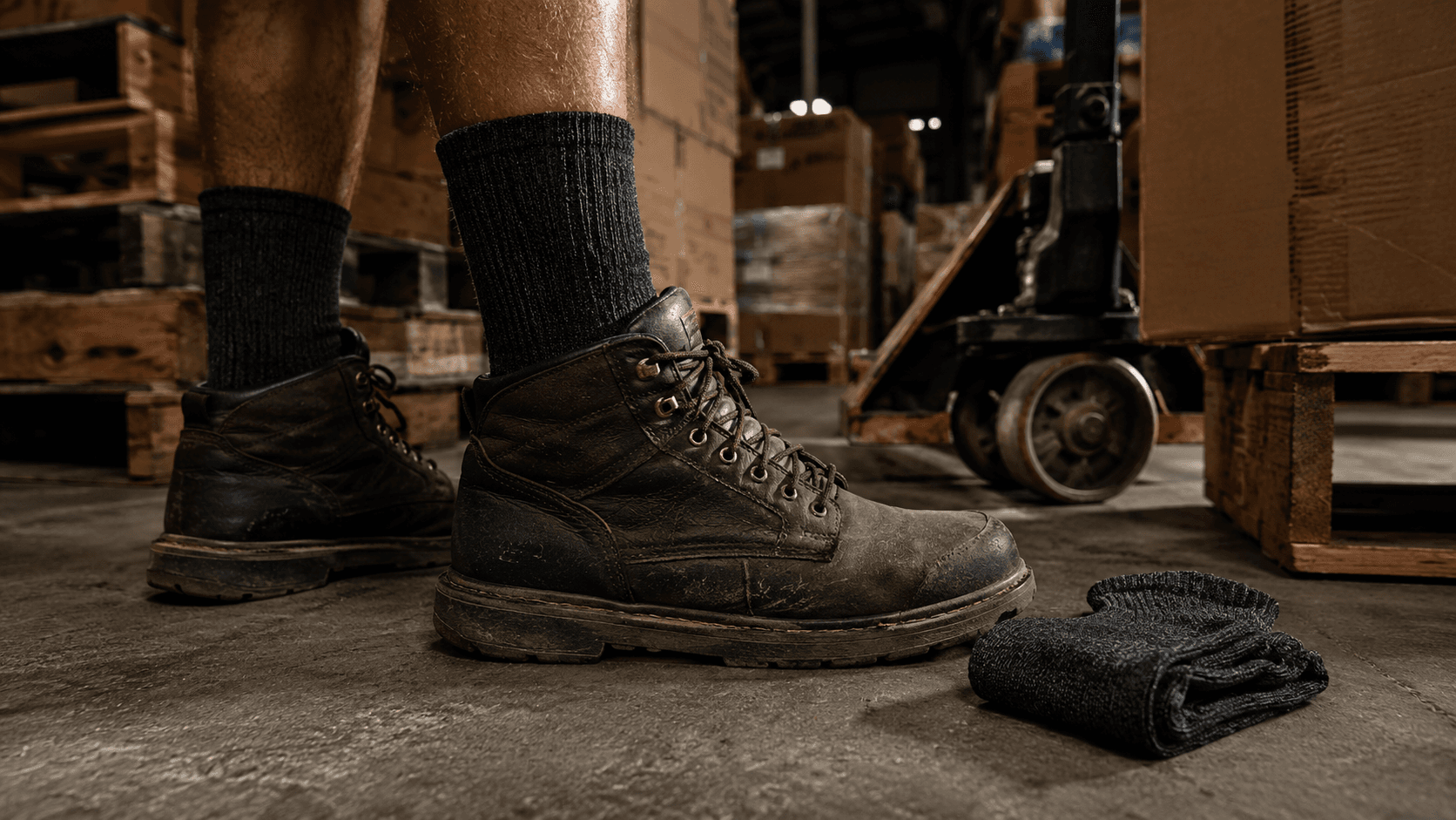 Warehouse floor and pallets — long shifts on concrete in work boots